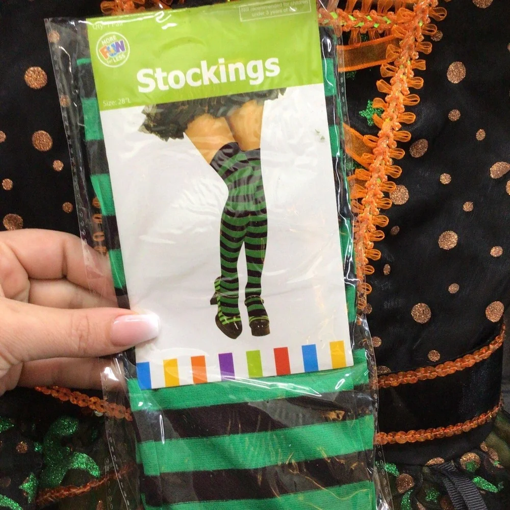 Teetot Witch Costume Girls Sz 5-6 Green Orange With Stockings‎ and Cape